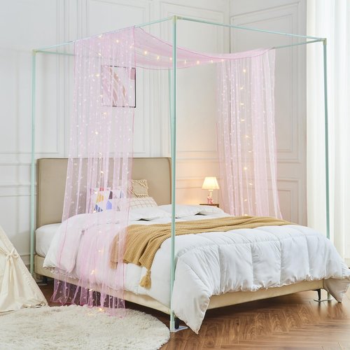 WANFASO Pink Horse Canopy Bed Curtains with Lights, Princess Bed Canopy for Girls Kids Room Decor, Sheer House Twin Bed Canopy Curtains Scarf (2 Panel)