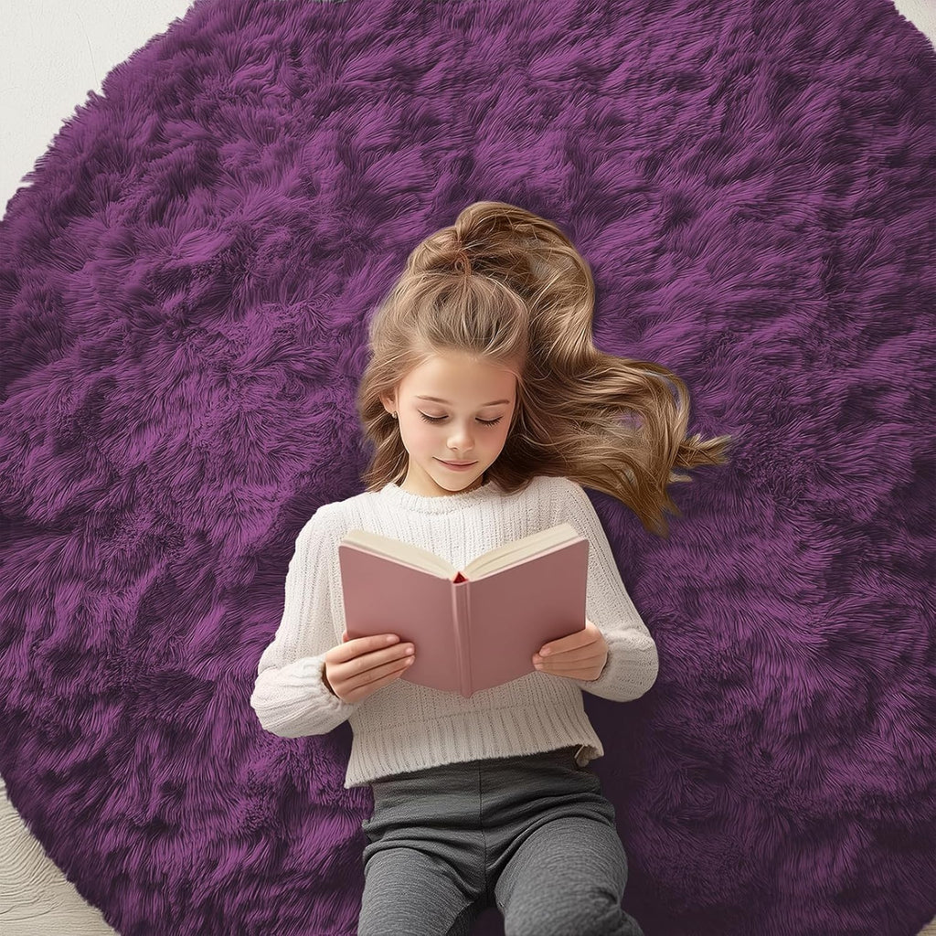 OLANLY Round Dark Purple Area Rug - Soft, Fluffy, Machine Washable 5 ft Circle Carpet for Bedroom & Living Room
