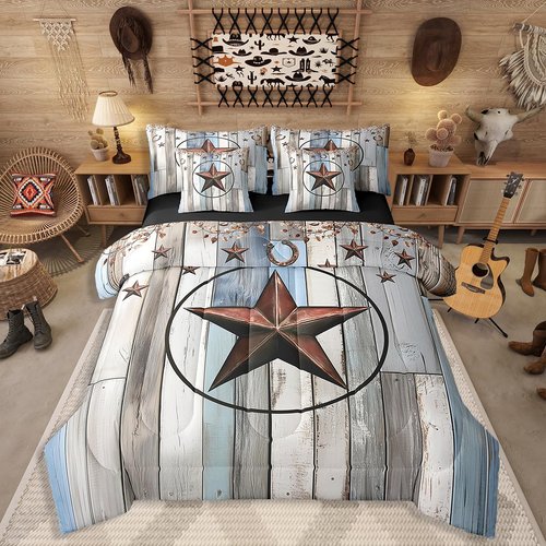 Western Texas Star Sheet Sets 7 Piece, Rustic Farmhouse Comforter Set Queen Size, Retro Cowboy Bedding Set For Kids Teens Adult Men Bedroom, Country Wooden Door Bed In A Bag Western Home Decor