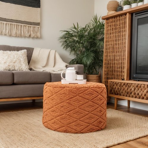 AbunHeri Fluffy Round Ottoman Pouf with All-in-One Foam Filling 20" x 14" Furry Ottoman Foot Rest Foot Stool for Living Room or Bedroom (Burnt Orange)