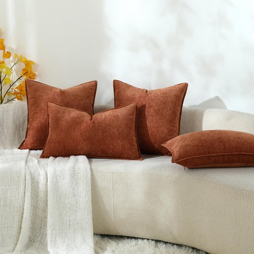 Stellhome Set of 2 Halloween Decorations Autumn Rust Pillow Covers Soft Textured Lumbar Chenille Accent Solid Cushion Cover for Couch Sofa Bedroom Living Room 12x20 Inch, Burnt Orange