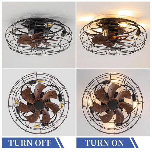 Caged Ceiling Fans with Lights and Remote 18" Black Flush Mount Outdoor Ceiling Fan lights Rustic Low Profile Reversible Bladeless Ceiling Fan for Patios,Farmhouse,Bedroom,Kitchen,Living room