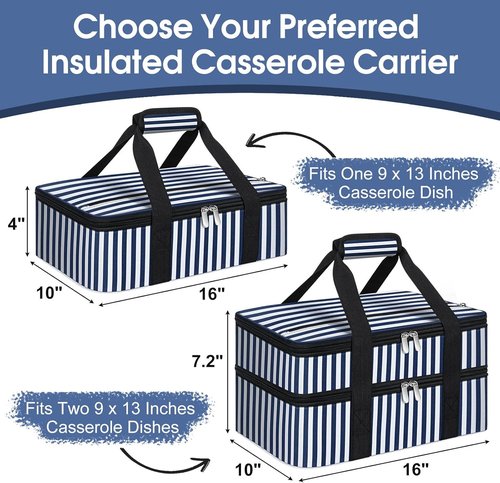 Insulated Casserole Carrier by [Brand Name] - Portable Hot & Cold Food Tote for Potluck Parties | Fits 9" x 13" Baking Dish - Blue Stripes