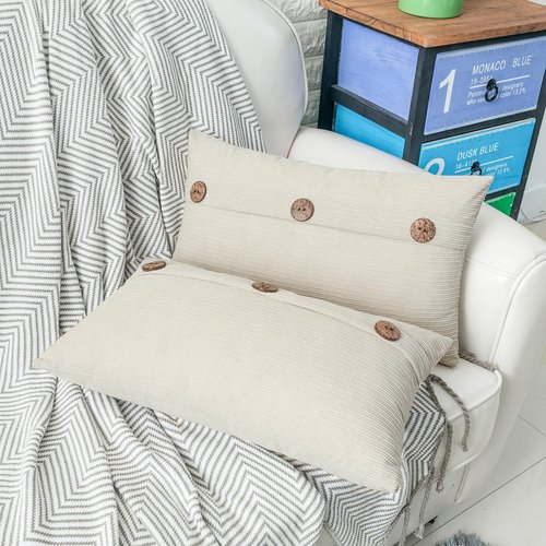 HWY 50 Cream White Chenille Throw Pillow Covers 12x20 Inch with Triple Buttons, Soft Farmhouse Accent Decorative Cushion Cases for Couch Sofa Bed Living Room Pack of 2 Rectangle