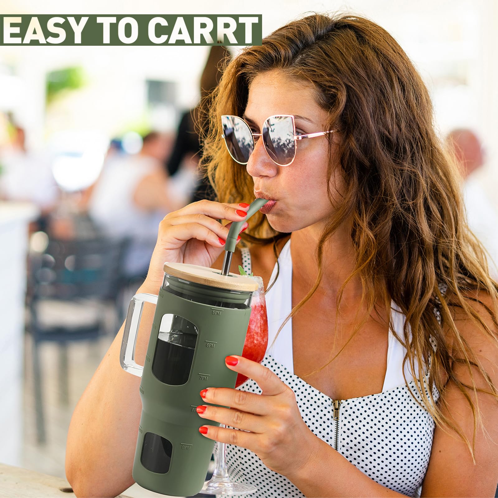 WINSA Glass Tumbler with Lid, 32 oz Glass Cup with Handle, Glass Water Bottles with Time Marker, 2 Straws - Pearl Straw & Silicone Protective Sleeve - Olive
