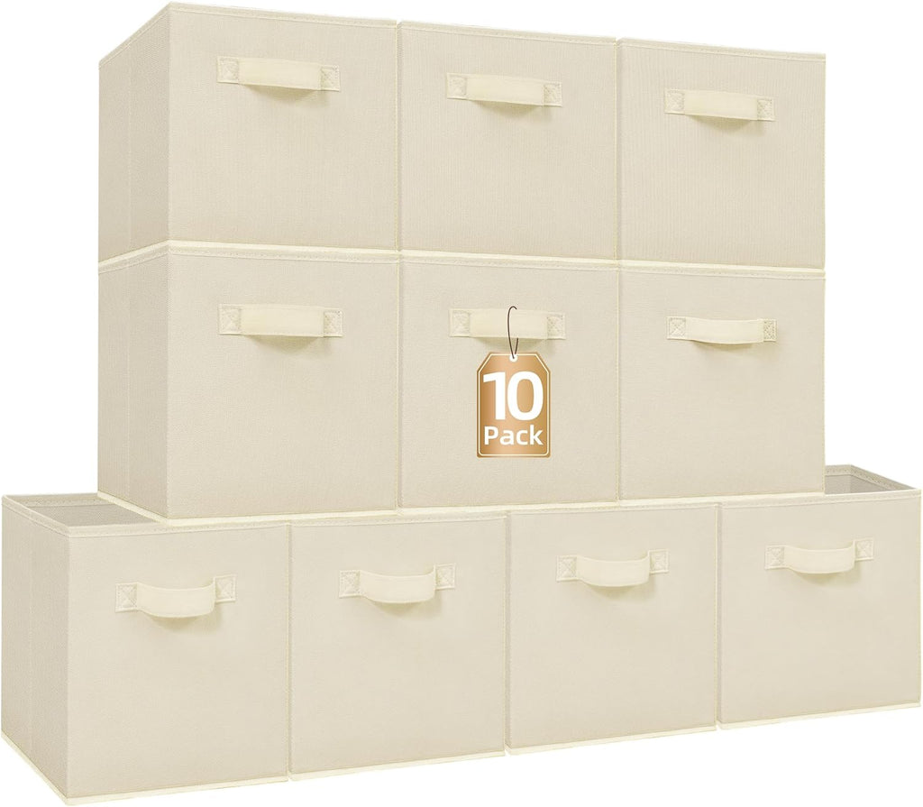 Storage Maniac Storage Cubes - 11 Inch Collapsible Bins with Handles | 10-Pack Beige Fabric Organizers