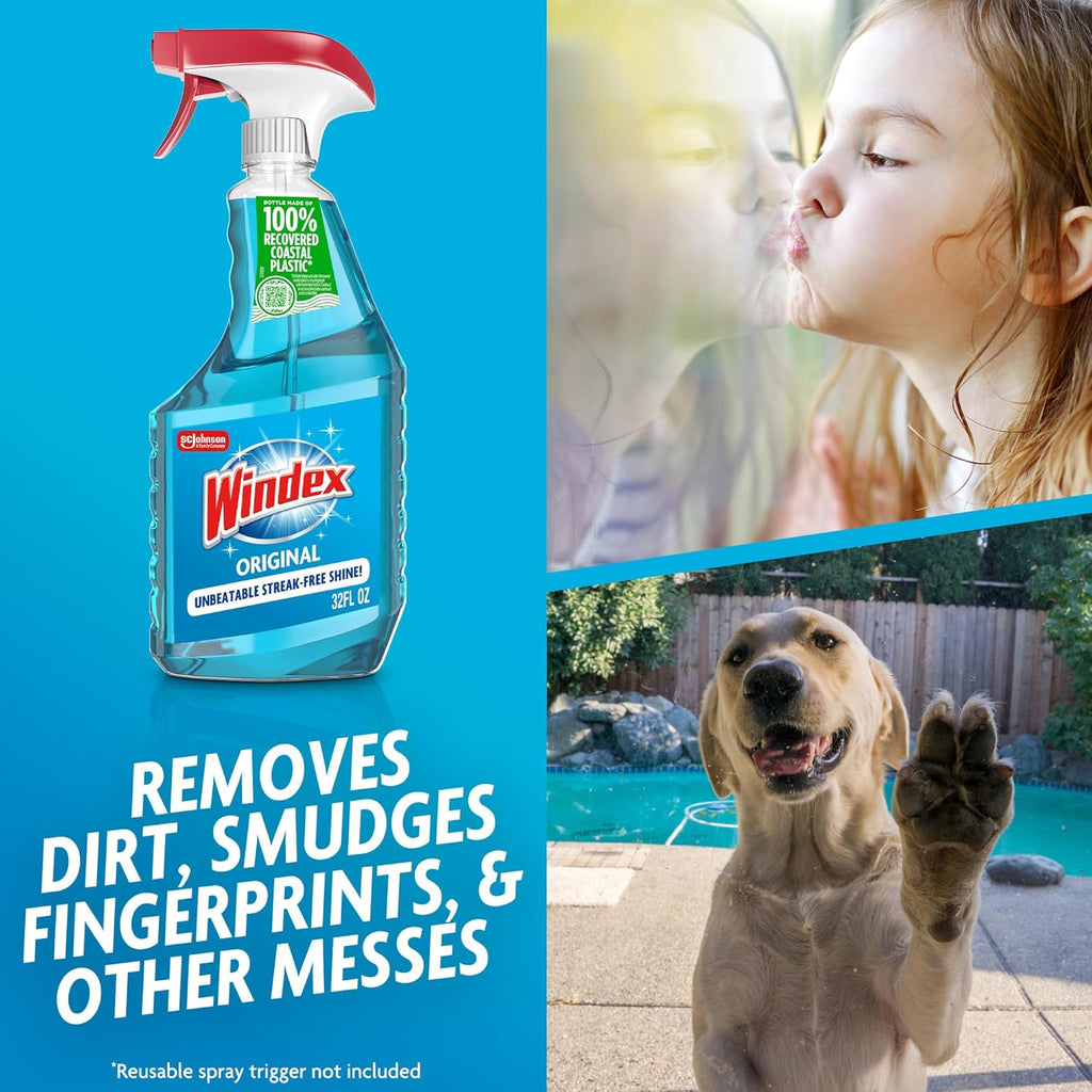 Windex Refill Glass & Window Cleaner - Eco-Friendly 100% Recycled Plastic, Original Blue Scent, 2L (Pack of 6)