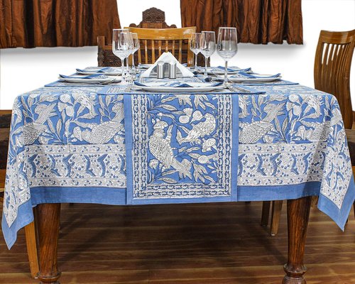 72x118 Inches Rectangle Hand Block Printed Cotton Tablecloth, White Blue Floral Table Cloths Washable, Indian Table Linen for Valentine Thanksgiving Gifts Home Decor Dinning Outdoor