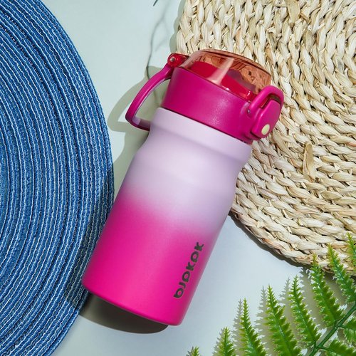 BJPKPK Insulated Water Bottle - 14oz Stainless Steel Flask with Straw & Leak-Proof Lid | Light Blue Leopard
