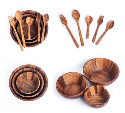 BestySuperStore Nesting Round Wood Bowls Mix Size 9½”, 8½”, 7” Stackable Acacia Wooden Bowl Set with Spoons and Forks for salad dip sauce snack rice pasta soup fruit cereal Tableware Nested Dish Sets
