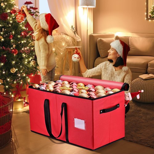 Mrrihand Ornament Storage Box - Dual Zipper Container for 128 Holiday Ornaments | 8 Trays, Red