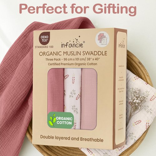 infancie 100% Organic Cotton Muslin Baby Blanket 3 Pack - Breathable Swaddle, Hypoallergenic Double-Layer, Versatile Use (Pink, Floral, Rust, 38x40 Inch)