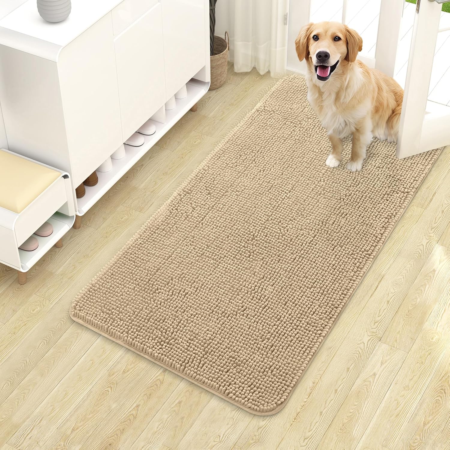 OLANLY Dog Door Mat - Absorbent Non-Slip Chenille for Muddy Paws | 40x24 Beige Indoor Entryway Carpet