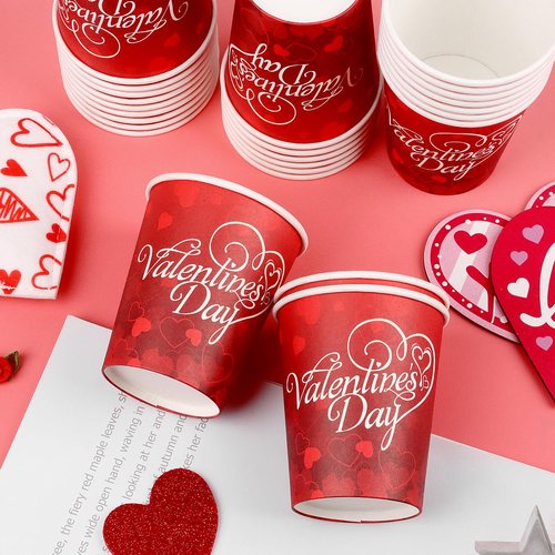 CCINEE 50 PCS Valentine's Party Supplies - Red Heart Love 9 oz Disposable Paper Cups for Valentine's Day Party Supplies