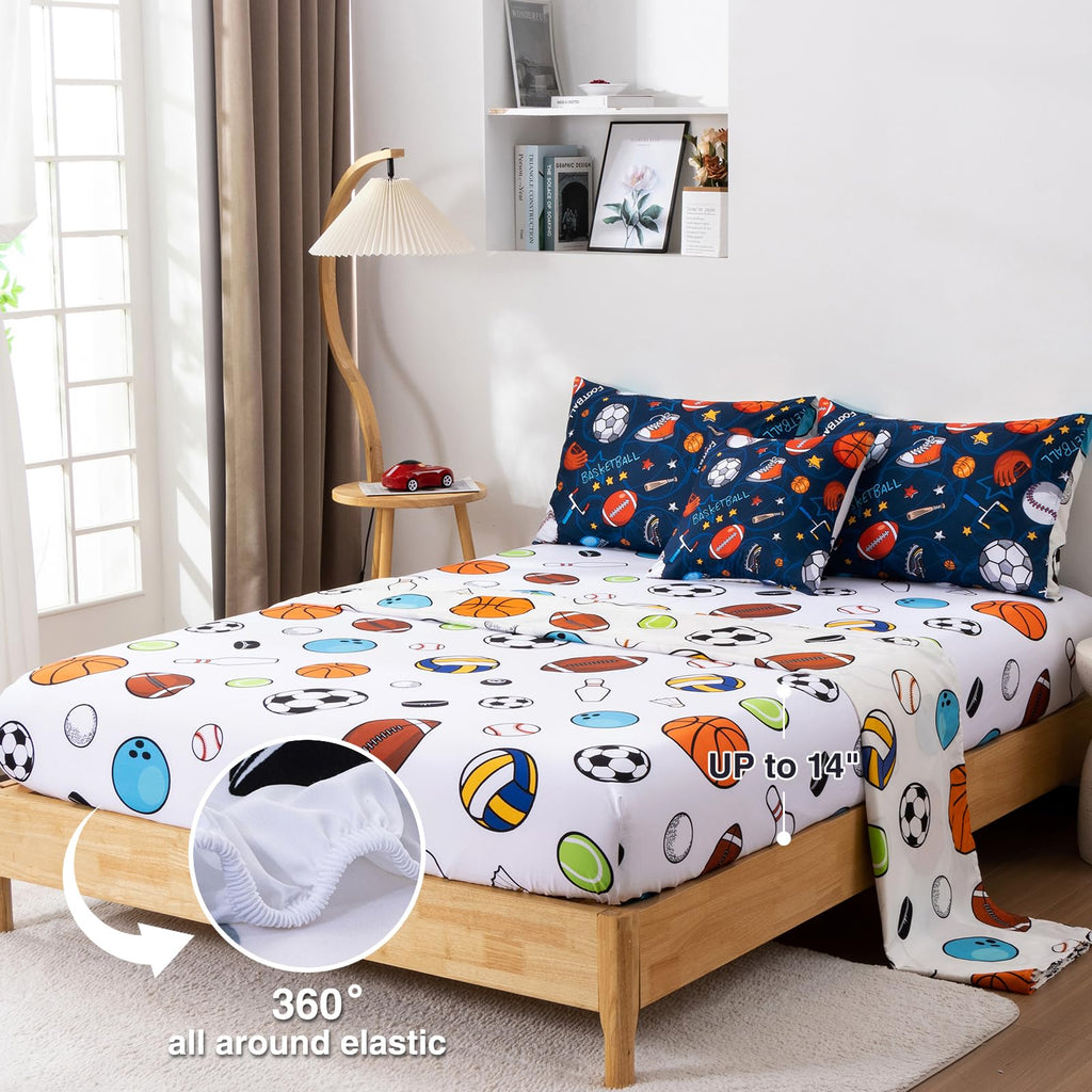 A Nice Night 6Pcs Bed in A Bag Full Sports Microfiber Modern Comforter Set,Navy Rugby Ball Printed Bedding Collections,for Boys Kids Teen
