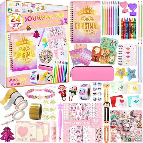 Advent Calendar 2025 for Girls - 24 Day Christmas DIY Journal Kit for Tween & Teen Girls, Stationery Set, Scrapbook & Diary Supplies Set, Journaling Art Crafts Kit, Creative Christmas Gifts