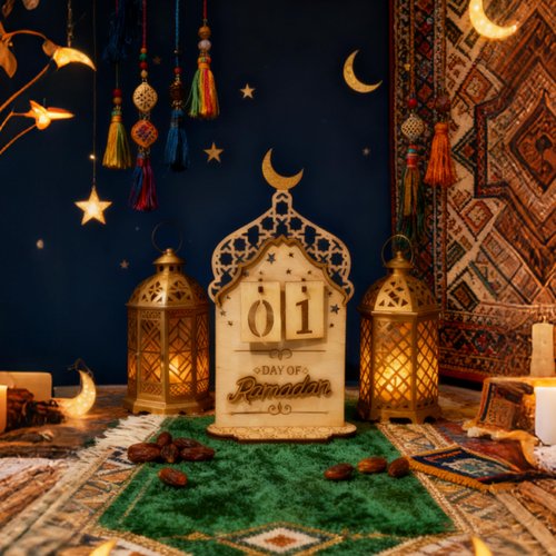 FESTGLOX Ramadan Countdown Calendar Wooden, Eid Decoration for Home, Ramadan Day Counter for Mubarak Desk Decor, Office Tabletop Centerpiece, Islamic Tabletop Mosque Design Display with Crescent Moon