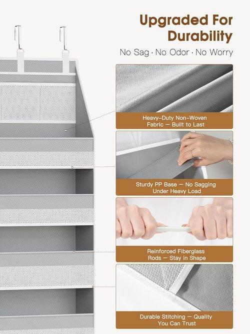 Criusia Over The Door Organizer - Heavy-Duty 6-Shelf Storage with 13 Mesh Pockets | 55lbs Capacity, Grey