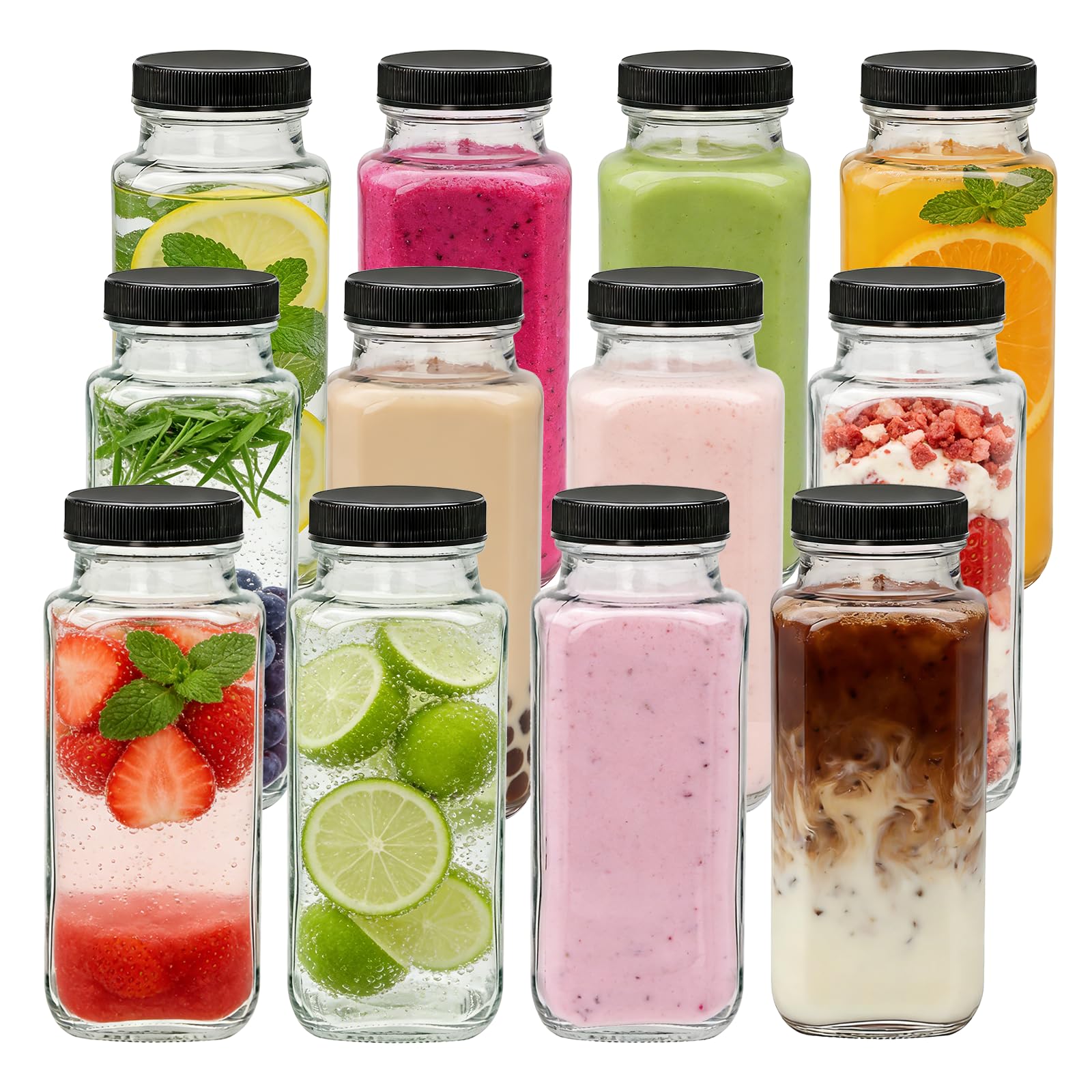 Accguan Vintage Water Bottles with Lids,8oz Reusable Glass Drinking bottles for Juicing,Hot Sauce,Kombucha,Ginger Jar,Potion,Oil,Milk Bottles,Whiskey,Portable Travel Bottle,Smoothies Bottles(12pack)