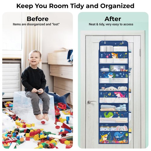 Clastyle Ocean Animals Over the Door Organizer Fish Nursery Hanging Storage Organizer for Kids Clothes Diaper Toy Closet Door Hanging Shelf Storage for Bedroom Bathroom Pantry, Shark, 5-Tier