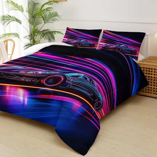 lneffble Car Comforter Set Queen Size,Race Car Kids Comforter Set,3Pcs Bedding Set Printed Comforter with 2 Pillowcases,Down Alternative,Soft and Lightweight,for All Seasons