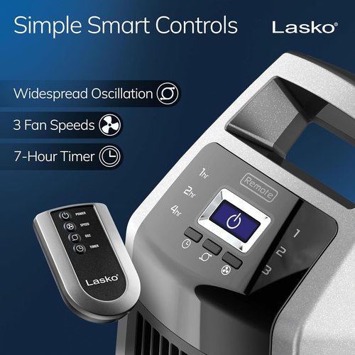 Lasko High Velocity Oscillating Tower Fan - Remote Control, Timer, 3 Speed Settings | 35" Silver/Black