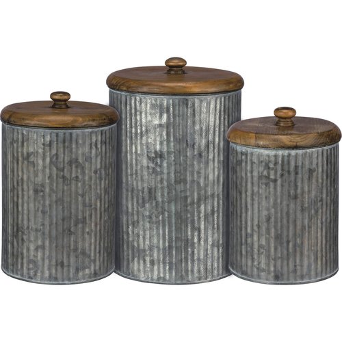 Primitives by Kathy Rustic Style Canisters, Set of 3, Galvanized Metal and Wood