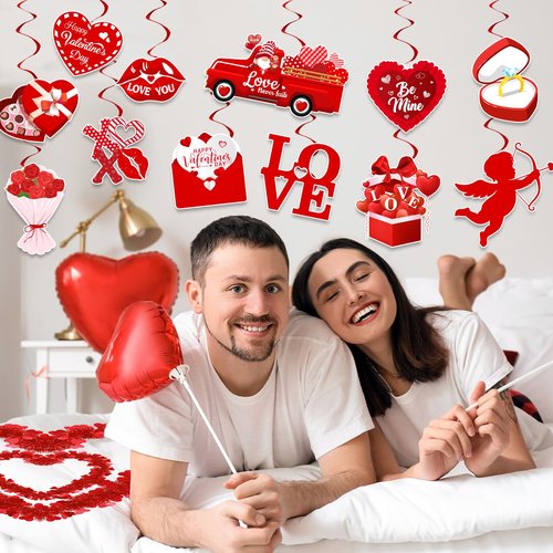 Valentines Day Decorations, Valentine Day Party Supplies includes Happy Valentine‘s Banner Red Heart Pendant Heart Chocolate Hanging Swirls, Love Decorations for Home Office Wedding Anniversary