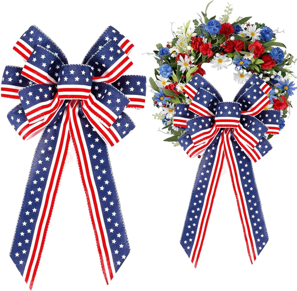 Skiennix Memorial Day Decorations - Patriotic Stripe Stars Wreath Bow for Front Door | Red, White & Blue Tree Topper Bows