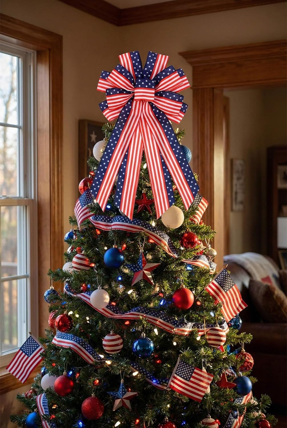 YKW Large Patriotic Bow - American Flag Wreath Decoration for 4th of July & Memorial Day - Classic Blue Design