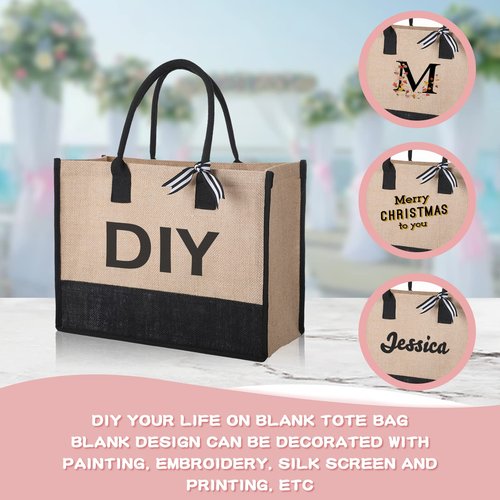 Reginary 12 Pieces Burlap Tote Bags Set Jute Tote Bag with Handles Initial Canvas Beach Bag Large Reusable Burlap Gift Tote Bag for Women Shopping Market Grocery Holiday Travel DIY Gift Bags