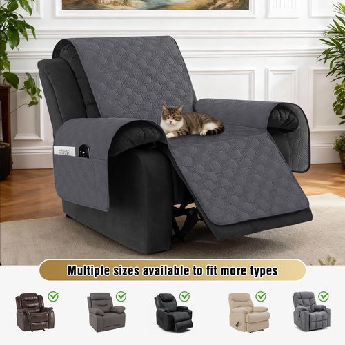 H.VERSAILTEX 100% Waterproof Recliner Chair Covers, Recliner Covers Non-Slip Stay in Place, Thick Cover for Recliner Chair with Pocket, Dog Couch Cover Protector Washable(Grey, 30")