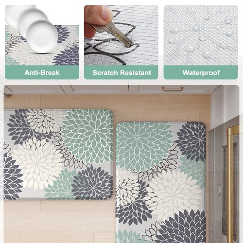 KIMODE Cushioned Anti Fatigue Rugs Sets of 2, Ergonomic Standing Kitchen Mat 2PCS, Boho Kitchen Mats for Floor Stain Resistant, Non Slip Kitchen Sink Rug Waterproof, 20"x32"+20"x47", Teal