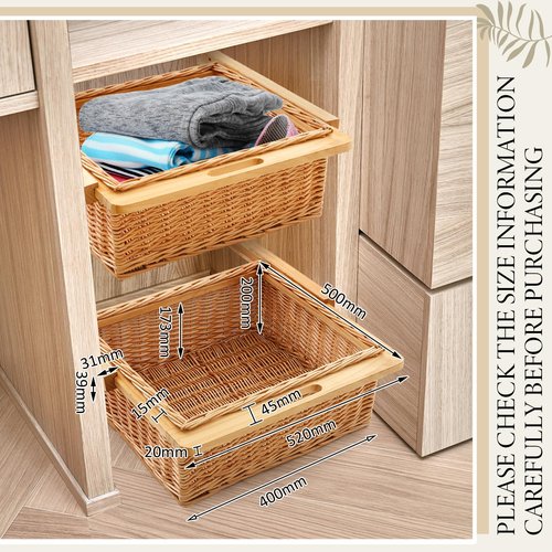 Memorywuu Rustic Wicker Pull out Cabinet Organizer Basket Drawers with Frame and Runners Slide 20" W x 20" l x 8" H for Kitchen Shelf Pantry Storage, Easy DIY Installation