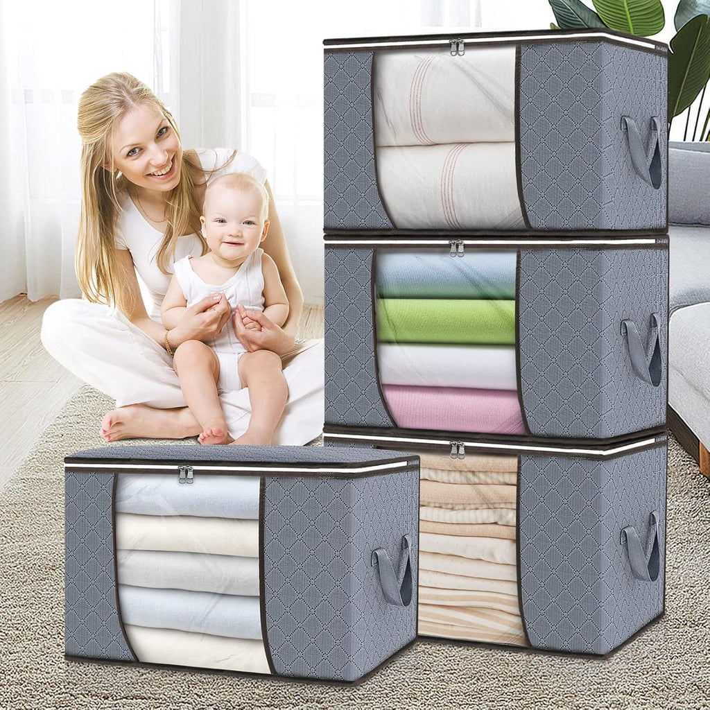Skiennix 90L Large Storage Bags - 4 Pack Foldable Closet Organizers with Durable Handles | Grey