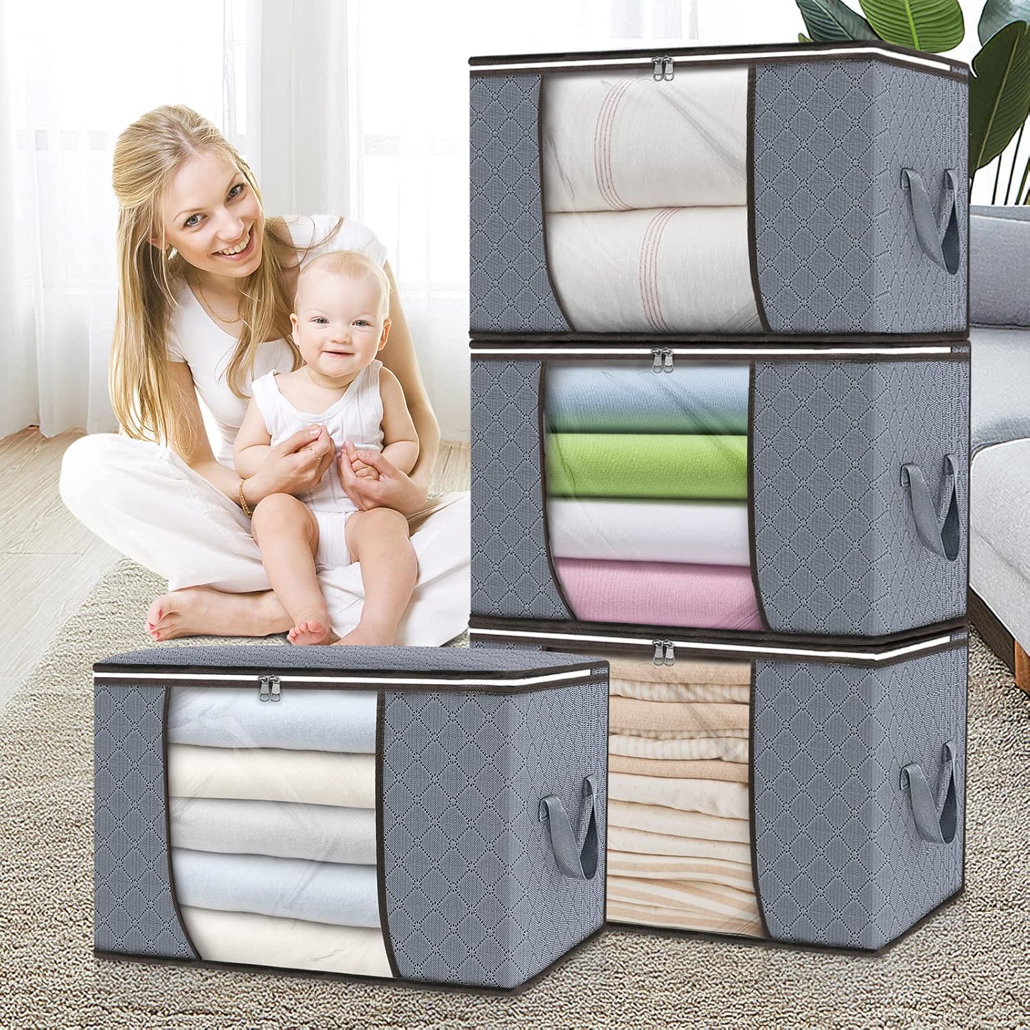 Skiennix 90L Large Storage Bags - 4 Pack Foldable Closet Organizers with Durable Handles | Grey