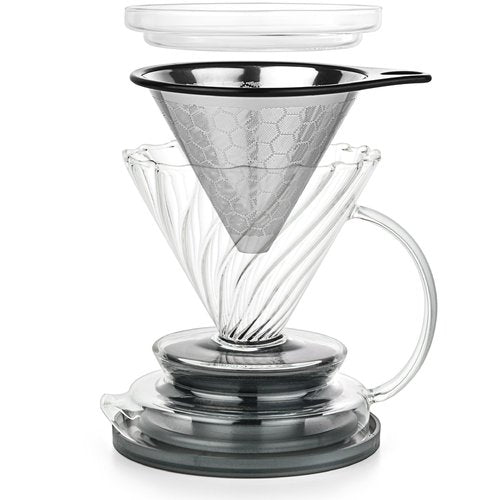 dokaworld Pour Over Coffee Maker – Borosilicate Glass Dripper with Stainless Steel Reusable Filter, Manual Eco Brewer, Plastic-Free Non-Toxic Coffee Station, Innovation Infuser for Daily Brewing