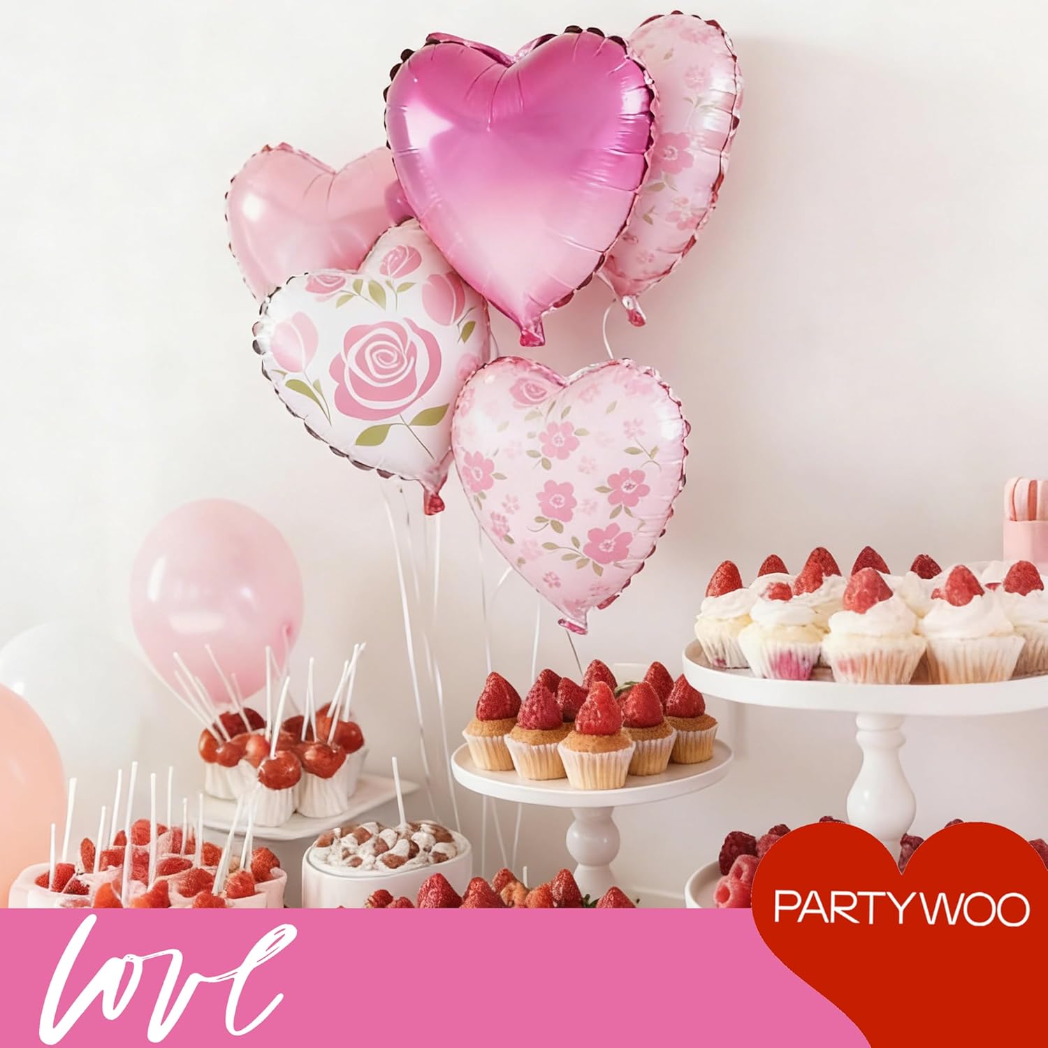 PartyWoo Pink Balloons - 127 Pcs Including Heart Foil & Gradient Rose Print - Perfect for Valentine's Day & Weddings