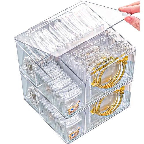 2 Pack 4 In 1 Acrylic Jewelry Organizers and Storage with 120 Portable Anti Tarnish Jewelry Bags, Clear Jewelry Box Organizer, Travel Jewelry Case for Earrings/Rings/Necklaces for Women Girls