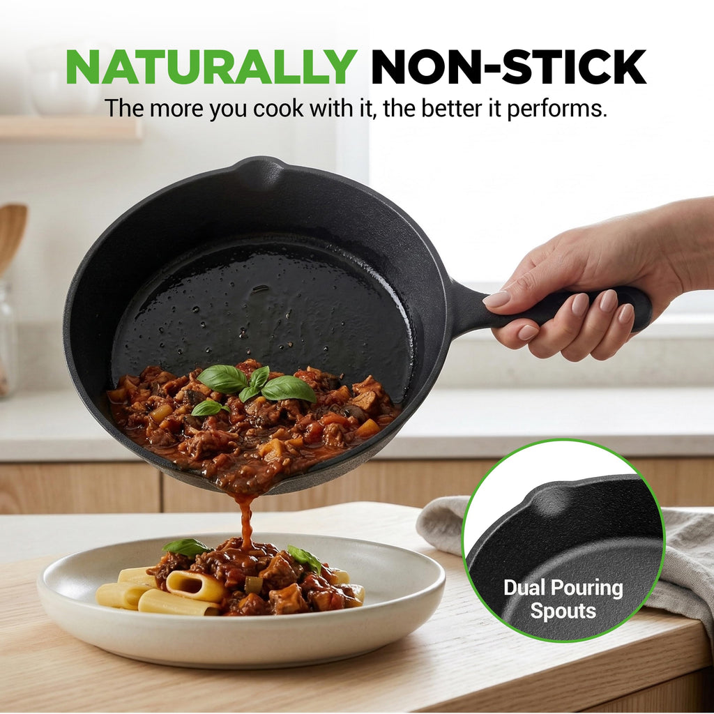 NutriChef Pre-Seasoned Cast Iron Skillets - 3 Pieces Cast Iron Cookware Set w/Drip Spout and Scraper - Compatible with Induction, Electric Stovetop, Gas, & Ceramic - NCCI76