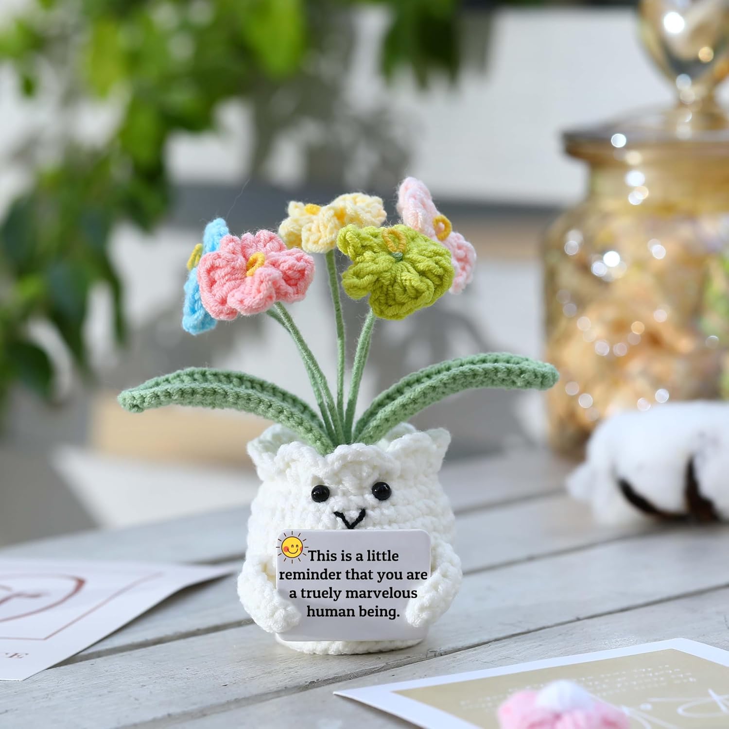 YOOJEE Forget-Me-Not Positive Crochet Flowers Plants Gift Handmade Desk Decor with Card “This is a Little Reminder” Appreciation Inspirational Gift for Coworkers Women Employee Teacher Best Friend Mom