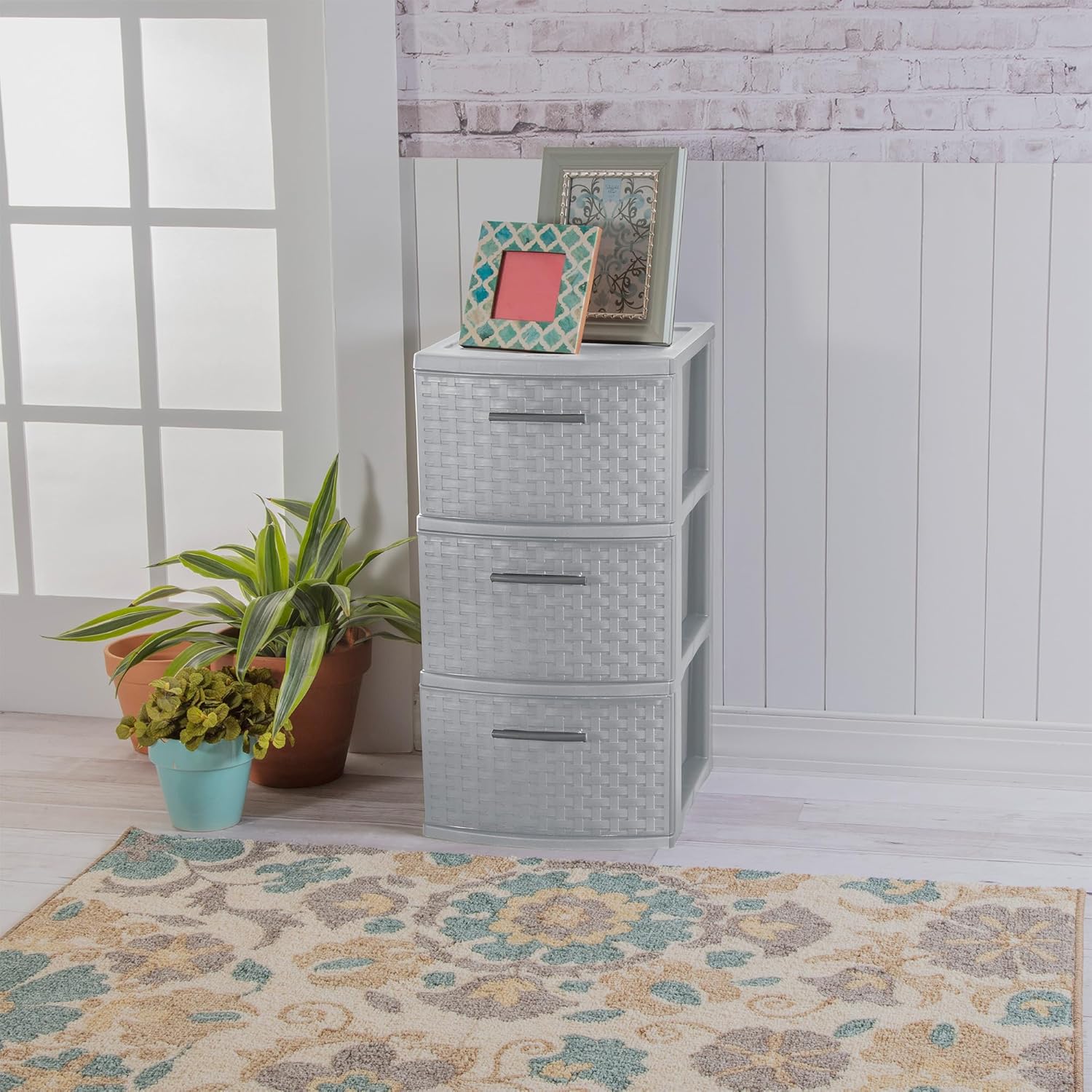 Sterilite 3 Drawer Storage Tower - Medium Plastic Weave Organizer in Cement | Lightweight for Bedrooms & Closets