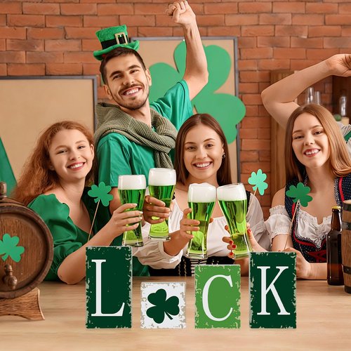 4PCS Valentine's Day Tiered Tray Decor Rustic Valentines and St. Patrick's Love Luck Wooden Blocks Signs for Home Mantel Office Shelf Decor (Colorful)