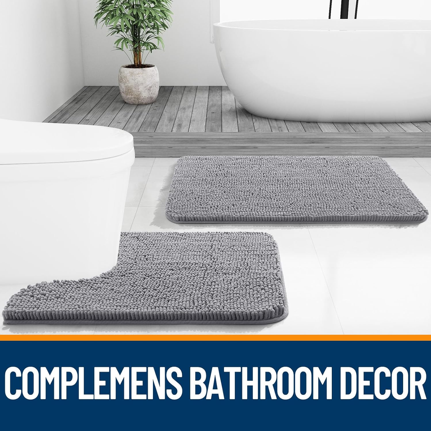 OLANLY Large Bathroom Rugs - Extra Soft Chenille Bath Mats with Rubber Backing | 70x46, Quick Dry, Grey