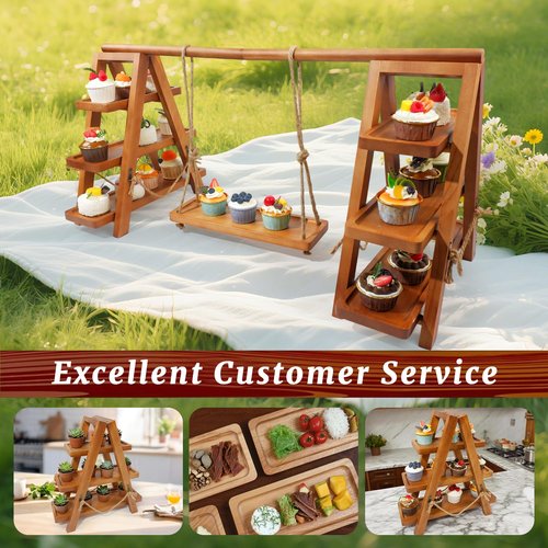 Tnstbiee Rustic 3-Tier Cupcake Stand - Wooden Desserts Stand for Cakes,Pastries &Fruits - Removable Trays& Foldable Design-Perfect for Parties Home Events and Weddings-Ideal Gift For Party Enthusiasts