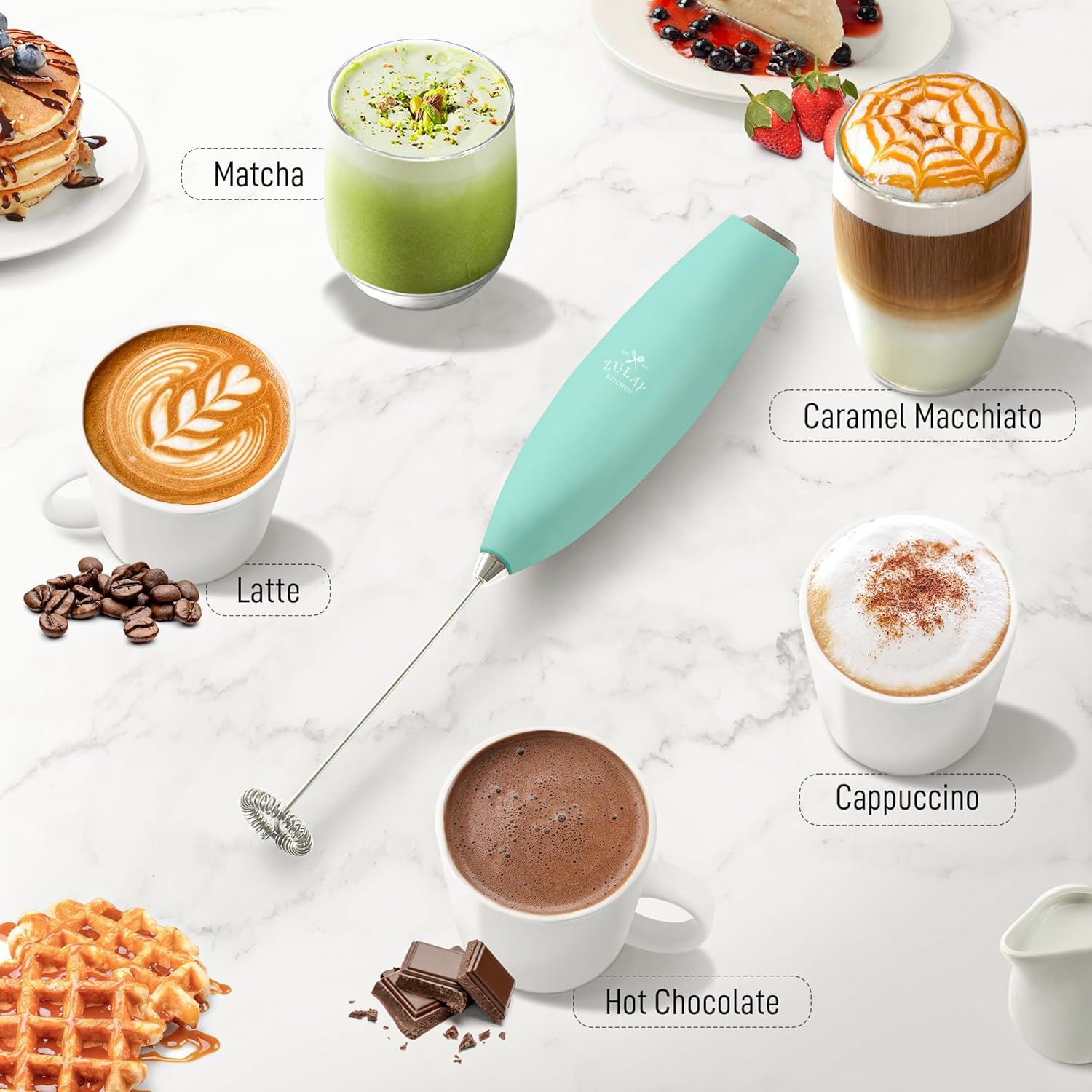 Zulay Kitchen Milk Frother Handheld Electric Whisk with AA Duracell Batteries – Durable Drink Mixer for Coffee, Lattes, Cappuccinos & More - Mint