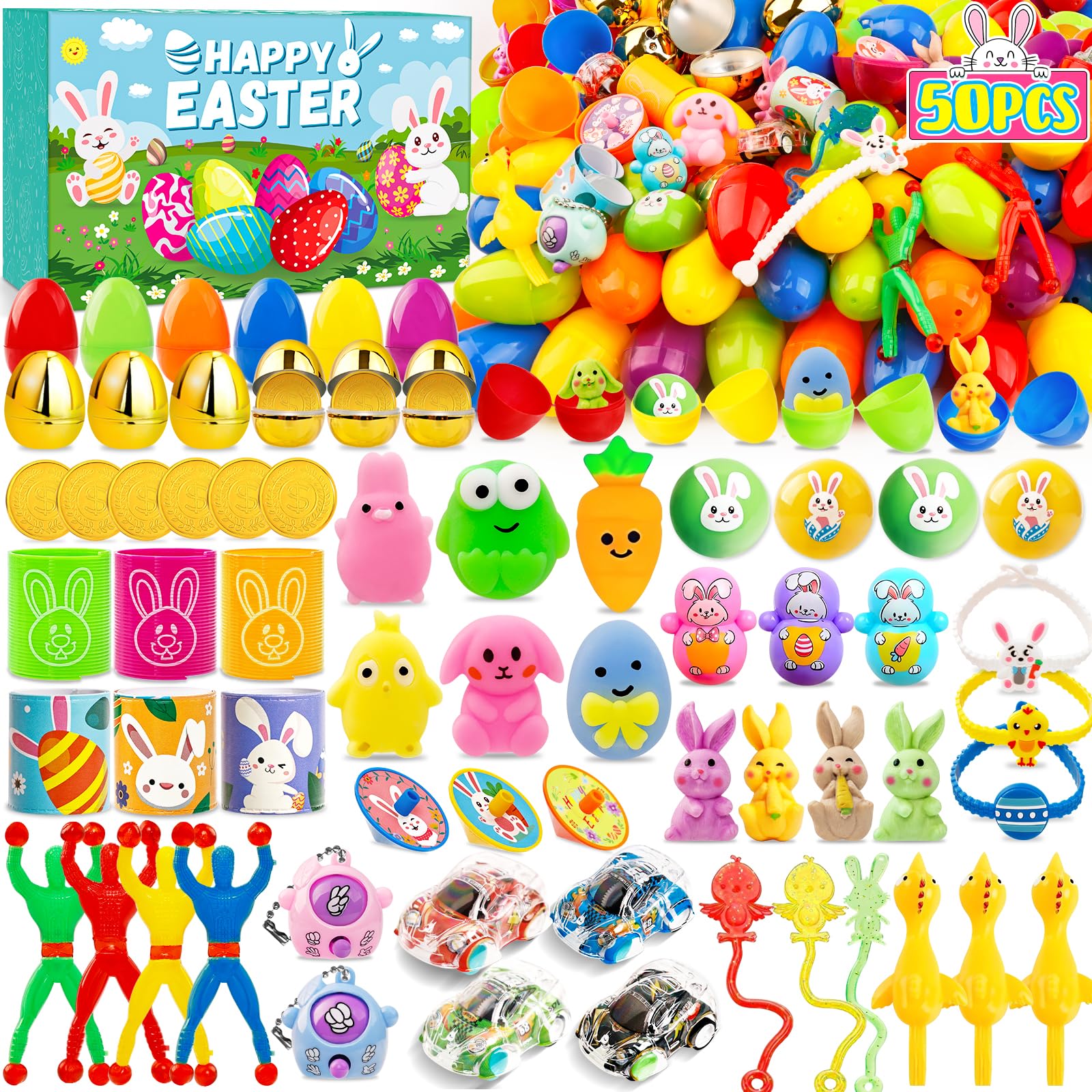 Adisher [ 6 Surprise Golden Eggs ] 100 PACK Prefilled Easter Egg Fillers, Easter Basket Stuffers 100 Plastic Eggs with Assorted Toys Party Favors Classroom Prizes Supplies for Kids Toddler Boys Girls