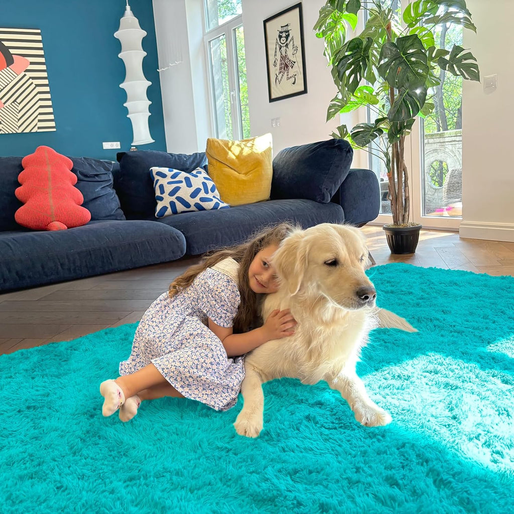 OLANLY 8x10 Large Area Rug - Soft Fluffy Shaggy Indoor Carpet for Living Room & Bedroom | Teal Blue