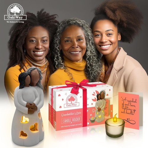 Grandma-Granddaughter Hand-Painted Candle Holder Statue - Flickering LED Candle | Unique Gift for Nana, Gigi, Christmas & Birthdays (Dark)