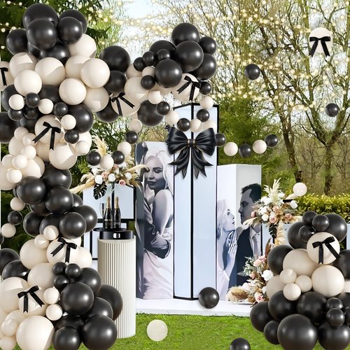 Black Sand White Balloon Garland Arch Kit, Coquette Birthday Decorations 158Pcs Black Bow Long Balloons Sand White Balloons Different Size for Wedding Bridal Engagement Bachelorette Party Decorations
